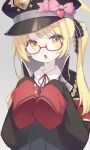  1girl :o armband bespectacled black_coat black_dress black_headwear black_ribbon blonde_hair blue_archive bow coat collared_shirt commentary commentary_typo dot_nose dress glasses grey_background hair_ribbon halo hat hat_bow hat_ornament heart heart_hat_ornament highres ibuki_(blue_archive) long_hair looking_at_viewer neck_ribbon nokita_(pinmisil) open_clothes open_coat open_mouth oversized_clothes peaked_cap pinafore_dress pink_bow pleated_dress pointy_ears red-framed_eyewear red_armband red_ribbon ribbon semi-rimless_eyewear shirt sidelocks simple_background sleeveless sleeveless_dress sleeves_past_fingers sleeves_past_wrists solo under-rim_eyewear upper_body white_shirt yellow_eyes yellow_halo 