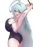  1girl absurdres abydos_high_school_swimsuit ahoge armpits ass bandaid bare_arms bare_legs bare_shoulders black_one-piece_swimsuit blue_archive blush breasts cleavage green_hair halo highres holding huge_ahoge huge_breasts lir_(cuhc3357) long_hair one-piece_swimsuit open_mouth school_swimsuit simple_background solo swimsuit white_background yellow_eyes yellow_halo yume_(blue_archive) 