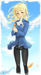  :o blonde_hair blush cloud crotch_seam day flower glasses jun_(spitfire) long_hair military military_uniform panties panties_under_pantyhose pantyhose perrine_h_clostermann petals sky solo strike_witches underwear uniform wind world_witches_series yellow_eyes 