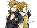  2boys armor black_gloves blonde_hair blue_eyes cloud_strife dissidia_final_fantasy expressionless final_fantasy final_fantasy_vii final_fantasy_vii_advent_children final_fantasy_x gloves grin happy high_collar looking_at_viewer looking_back looking_down male_focus multiple_boys muscular muscular_male pauldrons short_hair shoulder_armor simple_background single_pauldron sleeveless sleeveless_turtleneck smile spiked_hair sweater tama_(tmfy5) tidus turtleneck twitter_username upper_body v white_background yellow_sweater 