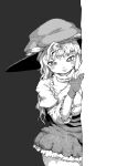  1girl bags_under_eyes blush breasts bright_pupils cleavage closed_mouth collared_dress commentary_request cookie_(touhou) cowboy_shot dress frilled_shirt_collar frills gloves greyscale hat highres juliet_sleeves kirisame_marisa large_breasts long_hair long_sleeves looking_at_viewer mars_(cookie) medium_bangs monochrome partially_fingerless_gloves peeking_out puffy_sleeves raised_eyebrows solo tonchamon_san touhou wavy_hair witch_hat 