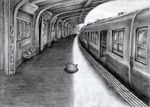  commentary_request ditto frown gen_1_pokemon greyscale ground_vehicle highres monochrome no_humans nobita pokemon pokemon_(creature) solo tactile_paving traditional_media train train_station 