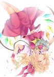  blonde_hair closed_eyes flandre_scarlet flower highres no_hat no_headwear ponytail rimu_(kingyo_origin) short_hair side_ponytail solo touhou upside-down wavy_hair wings wreath 