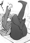  ass blazer cellphone feet greyscale hirasawa_yui jacket k-on! legs_up lying monochrome no_shoes on_back open_mouth panties panties_under_pantyhose pantyhose phone school_uniform shinozuka_jouji sketch skirt solo underwear 