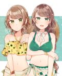  2girls arm_under_breasts bangle bikini bow bracelet braid breasts brown_hair character_request closed_mouth commentary_request copyright_request cowboy_shot earrings expressionless fingernails floral_print floral_print_bikini green_background green_bikini green_eyes green_nails hand_on_own_chest hat jewelry light_blush long_hair looking_at_viewer medium_breasts mozukuzu_(manukedori) multiple_girls nail_polish navel open_mouth print_bikini sarong short_hair smile standing sun_hat swimsuit unworn_headwear wavy_hair white_background white_bow yellow_bikini yellow_headwear 