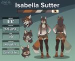 anthro boots bottomwear braces canid canine clothed clothing english_text eyes_closed eyewear female footwear fox fully_clothed glasses hair hand_on_hip isabella_sutter kittydee legwear looking_at_viewer mammal model_sheet red_fox shorts simple_background smile solo standing text thigh_highs yellow_eyes