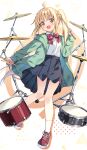  1girl ahoge black_skirt blonde_hair blush bocchi_the_rock! bow bowtie collared_shirt drum drumsticks full_body green_jacket highres holding holding_drumsticks ijichi_nijika instrument jacket long_hair looking_at_viewer open_clothes open_jacket open_mouth pleated_skirt polka_dot polka_dot_bow red_bow red_bowtie red_eyes red_footwear shirt shoes side_ponytail skirt smile socks solo white_shirt white_socks zoirun 