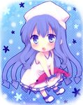  :o bad_id bad_pixiv_id blue_eyes blue_hair blush bracelet chibi dress hat ikamusume jewelry matsusaka_gyuu mini-ikamusume shinryaku!_ikamusume shrimp solo tentacle_hair 