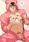  1boy animal_hood artist_name bandaid bandaid_on_chest bara bare_pectorals cake closed_mouth commission erection facial_hair food food_on_face fork holding holding_fork holding_plate hood hood_up large_pectorals looking_at_viewer male_focus male_pubic_hair muscular muscular_male open_clothes open_pajamas original pajamas pectorals penis pink_pajamas plate pubic_hair solo zink_(zink_mchn) 