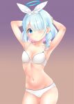 armpits arms_behind_head arms_up arona_(blue_archive) blue_archive blue_eyes blue_hair blue_halo bow bra braid breasts chestnut_mouth collarbone hair_bow hair_over_one_eye halo highres looking_at_viewer multicolored_hair navel nendoroya panties pink_hair short_hair simple_background small_breasts underwear white_bra white_panties 