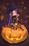  aqua_eyes bracelet c.z. character_name colored_eyelashes elbow_gloves eyelashes gloves halloween hat head_tilt highres jack-o'-lantern jewelry knee_up long_hair multicolored_hair orange_legwear panty_&amp;_stocking_with_garterbelt pumpkin purple_background signature sitting solo stocking_(psg) striped striped_legwear thighhighs two-tone_hair witch_hat 