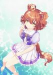 1girl animal_ears arai_cherry aston_machan_(umamusume) barefoot bow bowtie breasts brown_hair caustics closed_mouth crown hair_ornament hair_scrunchie hand_up highres horse_ears horse_girl horse_tail invisible_chair looking_at_viewer looking_up mini_crown one_side_up purple_shirt sailor_collar school_uniform scrunchie seal_impression shirt short_hair short_sleeves sitting skirt small_breasts solo tail tracen_school_uniform umamusume v water watermark white_skirt yellow_eyes 
