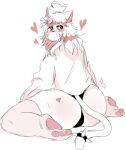 &lt;3 anthro blush blush_lines bulge chubby_girly clothing domestic_cat felid feline felis fur gat0pussy24 girly hair half-closed_eyes kneeling long_hair looking_at_viewer looking_back male mammal narrowed_eyes nonbinary_(lore) pawpads paws pink_body pink_fur pink_hair pink_pawpads simple_background slightly_chubby slightly_chubby_anthro slightly_chubby_male solo spiked_tailband stubble sudor_(gat0pussy24) sweated thong underwear white_background