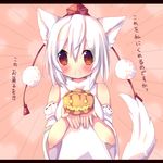  animal_ears blush chocolat_(momoiro_piano) detached_sleeves hat inubashiri_momiji jack-o'-lantern pumpkin red_eyes solo tail tokin_hat touhou white_hair wolf_ears wolf_tail 