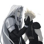  2boys akinahanami1015 armor bandaged_arm bandages belt black_coat black_gloves blonde_hair chest_strap closed_eyes cloud_strife coat commentary earrings final_fantasy final_fantasy_vii finger_to_another&#039;s_mouth from_side gloves grey_hair hand_on_another&#039;s_cheek hand_on_another&#039;s_face hand_up heart high_collar highres jewelry leaning_forward long_bangs long_hair long_sleeves male_focus multiple_boys open_clothes open_coat parted_bangs pauldrons sephiroth short_hair shoulder_armor simple_background single_pauldron sleeveless sleeveless_turtleneck smirk spiked_hair stud_earrings suspenders translated turtleneck upper_body very_long_hair white_background yaoi 