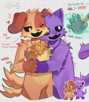 anthro catnap_(poppy_playtime) dialogue dogday_(poppy_playtime) duo embrace english_text fur hand_holding hi_res hug male male/male orange_body orange_fur poppy_playtime purple_body purple_fur smiling_critters tail tail_motion tailwag text xiaofeng