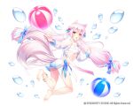  1girl :o animal_ears ass ball beachball blue_bow bow breasts copyright_notice fox_ears fox_girl fox_tail hair_bow kai-ri-sei_million_arthur kotepen_2nd long_hair million_arthur_(series) multiple_tails navel official_art outstretched_arm pink_hair simple_background solo tail twintails white_background yellow_eyes 