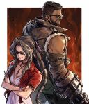  1boy 1girl aerith_gainsborough arm_cannon back-to-back barret_wallace border braid braided_ponytail brown_hair cropped_jacket dark-skinned_male dark_skin dress drill_hair final_fantasy final_fantasy_vii final_fantasy_vii_rebirth final_fantasy_vii_remake gatling_gun highres jacket outside_border pink_dress red_jacket smile standing sunglasses twin_drills weapon white_border xriviia 