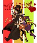  2girls alternate_costume black_hair boots bow braid breasts brown_hair cross durarara!! glasses gloves grin halloween hat heart jack-o'-lantern large_breasts long_hair magician multiple_girls orange_legwear orihara_izaya orihara_kururi orihara_mairu pumpkin red_eyes short_hair siblings smile striped striped_legwear thighhighs top_hat trick_or_treat twin_braids witch witch_hat yuzu_juncgr 