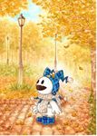  autumn colored_pencil_(medium) dated eri-noa jack_frost lamppost no_humans outdoors pavement persona plaid running_bond scarf shin_megami_tensei solo traditional_media tree watercolor_(medium) 