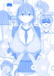  1boy 2girls :d ? ai-chan_(tawawa) alternate_breast_size arrow_(symbol) bag blue_theme breasts collared_shirt commentary_request fingernails getsuyoubi_no_tawawa highres himura_kiseki holding holding_bag huge_breasts imagining jacket looking_at_viewer monochrome multiple_girls necktie open_clothes open_jacket open_mouth pleated_skirt pov school_bag school_uniform shirt short_hair skirt smile spoken_question_mark sweater_vest virtual_reality volley-bu-chan_(tawawa) 