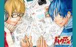  bakuman blonde_hair blue_eyes blue_hair drawing earphones glasses headphones ink looking_at_viewer mashiro_moritaka multiple_boys obata_takeshi official_art pen scan smile takagi_akito wallpaper yellow_eyes 