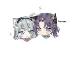  2girls animal_ears asahina_mafuyu blush bob_cut bokutachi_no_seizon_tousou_(project_sekai) bow bowtie candle_no_kaori_wa_omoide_to_tomo_ni_(project_sekai) cat_ears cat_girl closed_mouth head_only multiple_girls open_mouth project_sekai purple_bow purple_bowtie pyongtaro simple_background smile triangle_mouth white_background yoisaki_kanade 