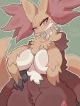 2023 3:4 absurd_res anthro big_breasts blush breast_curtains breasts canid canine chest_tuft delphox female frown fur generation_6_pokemon green_background hand_on_hip head_tilt hi_res huge_breasts inner_ear_fluff looking_at_viewer mammal nintendo nyaswitchnya pokemon pokemon_(species) pupils red_body red_eyes red_fur simple_background solo tuft upper_body white_body white_fur white_pupils yellow_body yellow_fur