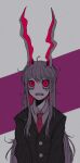  1girl animal_ears black_jacket buttons clenched_teeth collared_shirt crescent crescent_moon crescent_pin crying crying_with_eyes_open glowing glowing_eyes hair_between_eyes jacket long_hair long_sleeves looking_up messy_hair moon n0een necktie open_mouth pale_skin pin purple_background rabbit_ears rabbit_girl red_eyes red_necktie reisen_udongein_inaba shirt tears teeth third-party_source touhou two-tone_background very_long_hair white_background white_fur white_shirt 