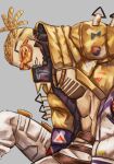  1boy animification apex_legends arm_between_legs belt blonde_hair brown_belt cornrows crypto_(apex_legends) from_side highres hype_beast_crypto jacket looking_at_viewer male_focus official_alternate_costume ojiicha pants parted_lips sitting solo sunglasses white_pants yellow_jacket 