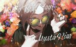  1boy :p blue_eyes drawing_on_fourth_wall fingernails floral_background flower glasses green_nails hand_up highres holding looking_at_viewer male_focus migo45 mysta_rias nail_art nail_polish nijisanji nijisanji_en rose round_eyewear signature smile solo tongue tongue_out 
