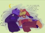 anthro canid canine catnap_(poppy_playtime) clothed clothing cute_fangs dialogue dogday_(poppy_playtime) duo felid feline hi_res male male/male mammal napping night noirzvault poppy_playtime sleeping_together smiling_critters