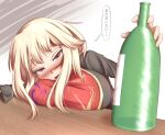  1girl alcohol black_dress blonde_hair blush breast_rest breasts breasts_on_table chinese_clothes commentary_request dress drunk fanged_bangs gero_zoukin head_rest junko_(touhou) large_breasts long_hair long_sleeves looking_at_viewer messy_hair red_eyes red_tabard sidelocks simple_background solo swept_bangs tabard table touhou translation_request 