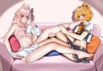  2girls animal_ears bare_legs barefoot bead_anklet blue_bow blush bow bowtie braid collared_shirt commission couch derivative_work eimi_isami feet full_body hair_bow hair_ornament hairclip highres holding holding_another&#039;s_foot indoors legs long_hair long_legs loose_socks medium_hair midriff multiple_girls navel nikishiko no_shoes on_couch open_mouth orange_bow orange_bowtie orange_hair phase_connect pink_bow pink_eyes pink_hair pink_shorts pipkin_pippa pixiv_commission rabbit_ears rabbit_girl shadow shirt short_shorts short_sleeves shorts signature sitting smile socks stomach toenails toes virtual_youtuber white_socks x_hair_ornament yuri 
