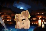  2girls bathing blonde_hair blue_eyes candle candlelight capoeira66 cave closed_eyes elf full_moon grabbing grabbing_another&#039;s_breast highres hug kiss moon multiple_girls night night_sky nude original pointy_ears ponytail sky water yuri 