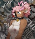 anthro antlers areola ball_gag bdsm breasts brick_wall brown_body brown_fur cervine chain chest_tuft collar collar_tag deer digital_media_(artwork) female fur gag gagged hair hi_res horn leash lexi_cerv mammal medium_breasts meonshty nipples nude pink_hair solo submissive tuft wall_(structure)