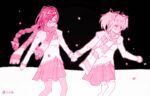  2girls akemi_homura black_background blush braid closed_mouth commentary english_commentary feet_out_of_frame glasses hair_ribbon highres holding_hands juliet_sleeves kaname_madoka long_sleeves looking_at_another mahou_shoujo_madoka_magica mahou_shoujo_madoka_magica_(anime) mitakihara_school_uniform monochrome multiple_girls outdoors pink_theme plaid plaid_skirt pleated_skirt puffy_sleeves ribbon scar scarf school_uniform semi-rimless_eyewear shao_ziye simple_background skirt snowing striped_clothes striped_scarf thighhighs twin_braids twintails under-rim_eyewear 