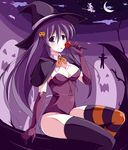  asymmetrical_clothes blush breasts candy cleavage elbow_gloves food food_themed_hair_ornament gloves hair_ornament halloween hat lollipop long_hair maullarmaullar medium_breasts mismatched_legwear open_mouth pumpkin_hair_ornament purple_eyes purple_hair shihou_matsuri sitting sola solo striped striped_legwear thighhighs witch_hat 