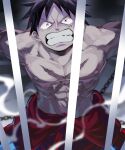  1boy abs angry bars black_eyes black_hair chain cowboy_shot highres iron_bars looking_up male_focus monkey_d._luffy mrjieshisu muscular muscular_male nipples one_piece prison_cell restrained scar scar_on_cheek scar_on_chest scar_on_face short_hair solo topless_male v-shaped_eyebrows 