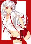  belt bow breasts cigarette cleavage fujiwara_no_mokou grin hair_bow hands_in_pockets long_hair medium_breasts nanahara_fuyuki navel open_clothes red_eyes shirt shorts sleeves_rolled_up smile smoking solo suspenders thighhighs touhou undone very_long_hair white_hair white_legwear white_shirt 