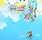  1girl 2boys blonde_hair blue_hair bow breasts cloud dark-skinned_female dark_skin from_above gradient_hair green_eyes green_hair hair_bow inkling_boy inkling_player_character medium_hair multicolored_hair multiple_boys octoling_girl octoling_player_character orange_eyes outstretched_arm paint parted_lips pointy_ears print_shirt purple_eyes reflection ripples sharp_teeth shirt short_hair sky smallfry_(splatoon) smile spl8ya splatoon_(series) splatoon_3 teeth tentacle_hair two-tone_hair water white_bow white_hair white_shirt 