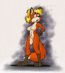 anthro blonde_hair canid canine female fox hair looking_at_viewer mammal nude shocked shower_room sierraromeo solo spooked trixie_vixen worried_look