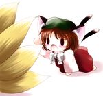 animal_ears blush_stickers cat_ears cat_tail chen chibi fangs fox_tail hat highres multiple_tails simple_background solo_focus tail touhou yakumo_ran yume_shokunin 