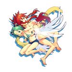  aitatata! back-to-back barefoot bikini bikini_top breasts denim denim_shorts feet front-tie_top green_eyes green_hair highres hyourin_no_mahiro large_breasts locked_arms long_hair looking_back low_wings multiple_girls navel one_eye_closed red_eyes red_hair scarf shinrabanshou shiten_rekka_karin short_hair short_shorts shorts sideboob sidelocks soles striped striped_bikini striped_swimsuit swimsuit toes underboob wings 