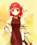 bad_id bad_pixiv_id bandages bun_cover chain chinese_clothes cuffs double_bun flower ibaraki_kasen jing_hu pink_flower pink_rose red_eyes red_hair rose short_hair solo tabard touhou 
