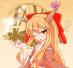  blonde_hair bow hair_bow horn_ribbon horns ibuki_suika japanese_clothes kimono kiseru one_eye_closed orange_eyes pipe ribbon round_window sirousagi0414 smoke solo touhou window 