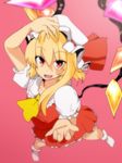  ascot bad_id bad_pixiv_id blonde_hair blurry depth_of_field fangs flandre_scarlet foreshortening from_above hat hat_ribbon hyudora red_eyes ribbon side_ponytail solo touhou wings 