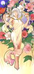  art_nouveau barefoot bowl chopsticks closed_eyes feet flower food highres idolmaster idolmaster_(classic) idolmaster_2 long_hair noodles pettan_p ramen shijou_takane silver_hair solo 