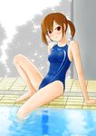  arm_support barefoot brown_hair competition_swimsuit drain_(object) one-piece_swimsuit original pool poolside red_eyes refraction ripples short_hair sitting soaking_feet solo swimsuit tk4 twintails water 
