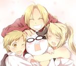  2boys ;d ^_^ alphonse_elric arakawa_hiromu_(cow) bad_id bad_pixiv_id bare_shoulders blank_eyes blonde_hair blush braid cheek-to-cheek closed_eyes cow edward_elric fullmetal_alchemist furrowed_eyebrows grin group_hug hand_on_another's_head happy high_ponytail hug long_hair long_sleeves mitsu_yomogi multiple_boys one_eye_closed open_mouth ponytail single_braid sleeveless smile sweatdrop tears upper_body winry_rockbell 